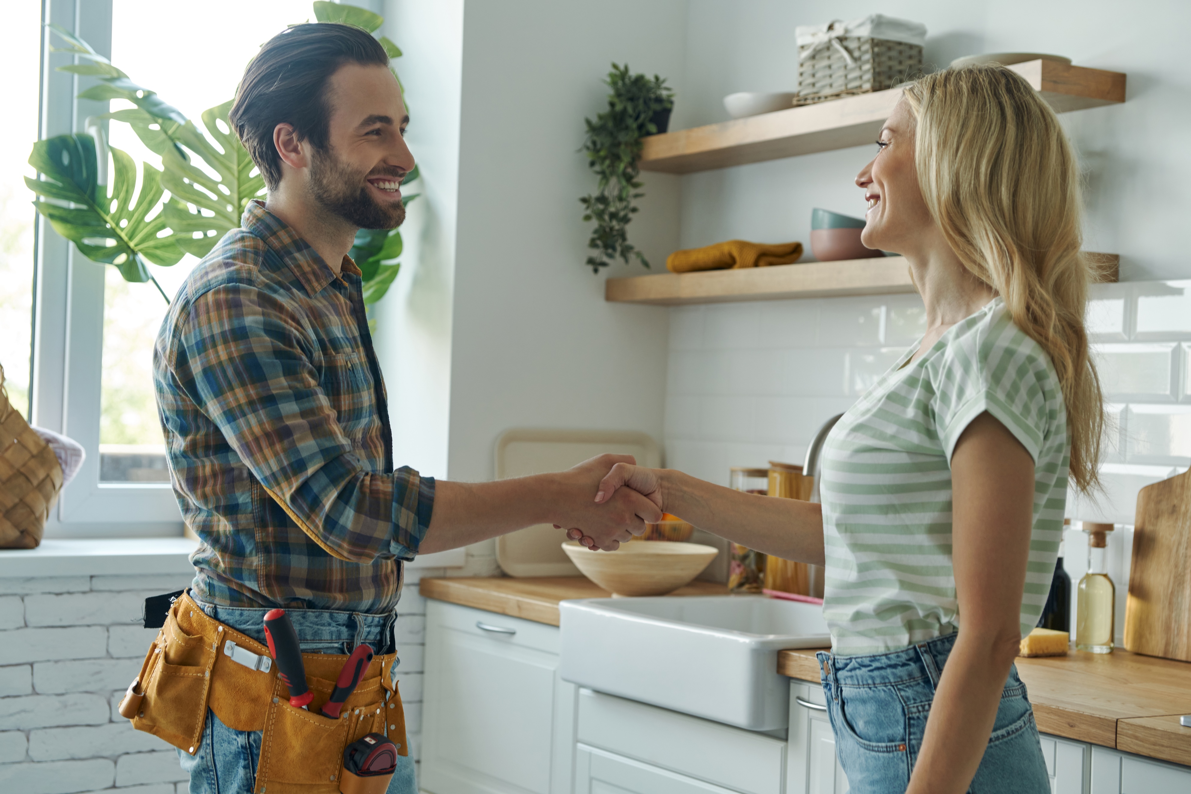 Beautiful young woman shaking hand to male plumber while standing at the kitchen